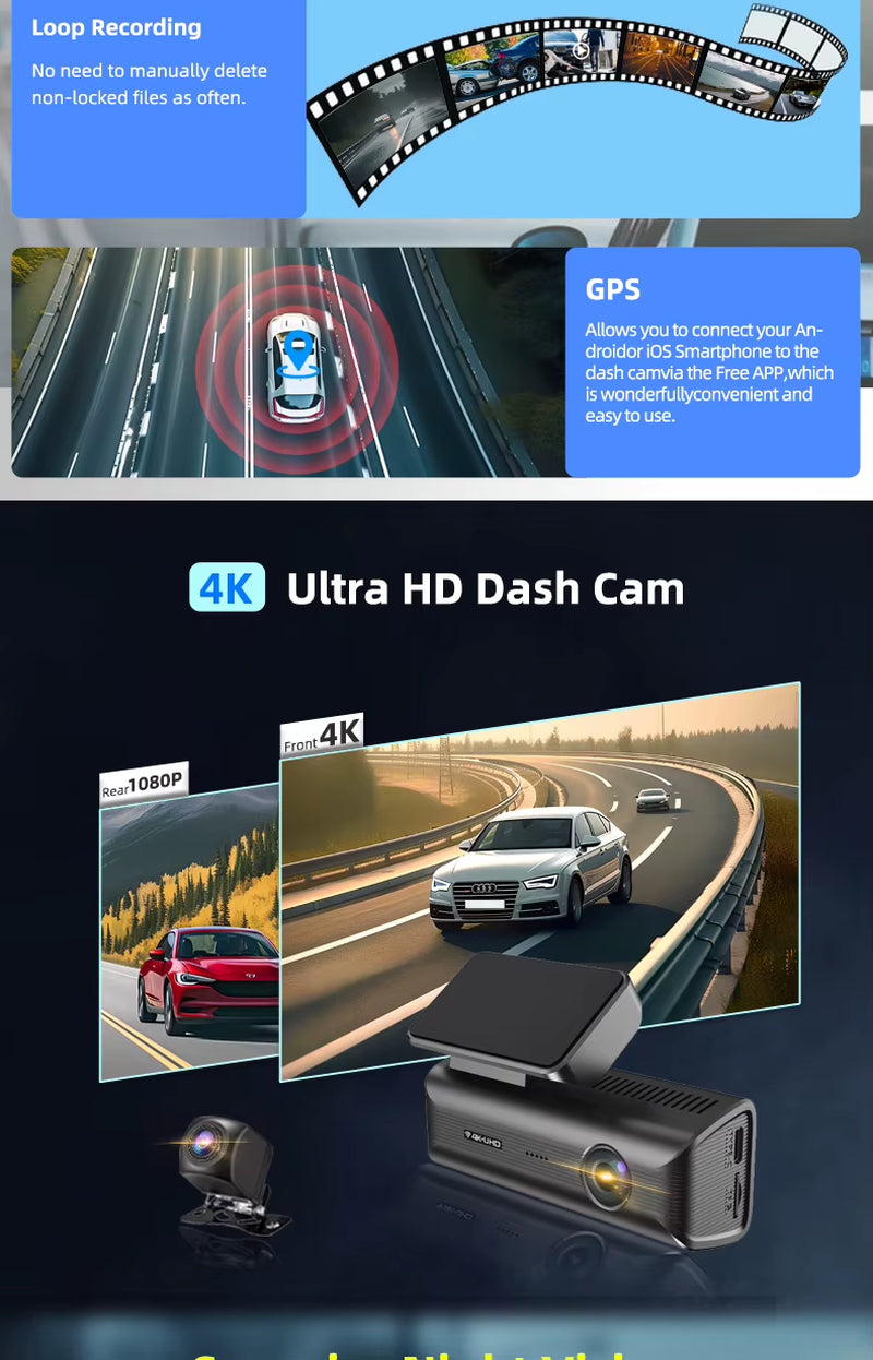 Car Dvr Dash Cam Wifi Ultra Real 4K Dual Lens Dashcam Camera WDR Video Loop Recording Parking Monitor Night Vision G-Sensor