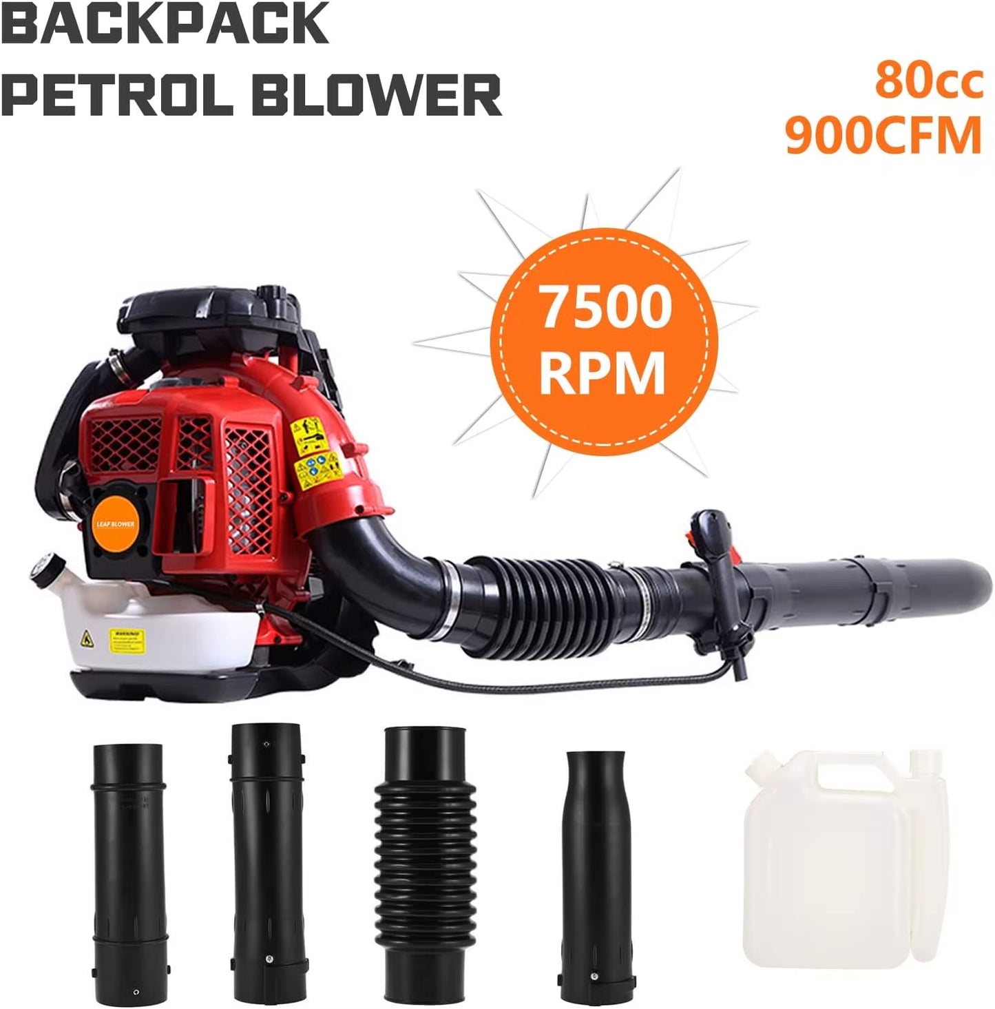 Leaf Blower, Backpack Leaf Blower Gas Powered 2-Stroke Engine 900 CFM 2.3L Tank Leaf Blower 80CC Snow Blower Handheld