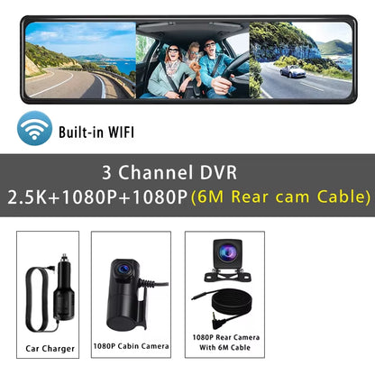 11.26“ 2.5K+1080P+1080P 3 Channel Car DVR Lens Wifi GPS Dash Cam Interior Camera Dashcam Stream Rearview Mirror Drive Recorder