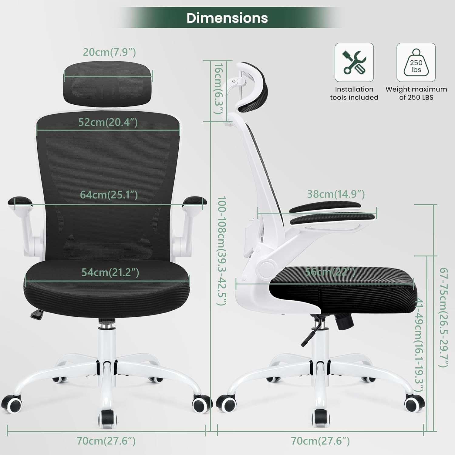 Ergonomic Office Chair, Breathable Mesh Desk Chair, Lumbar Support Computer Chair with Headrest and Flip-Up Arms, Swivel Task Chair, Adjustable Height Gaming Chair, White