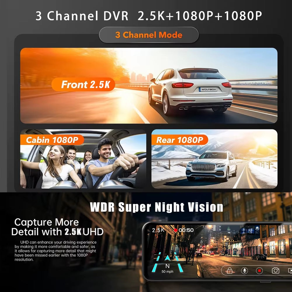 11.26“ 2.5K+1080P+1080P 3 Channel Car DVR Lens Wifi GPS Dash Cam Interior Camera Dashcam Stream Rearview Mirror Drive Recorder