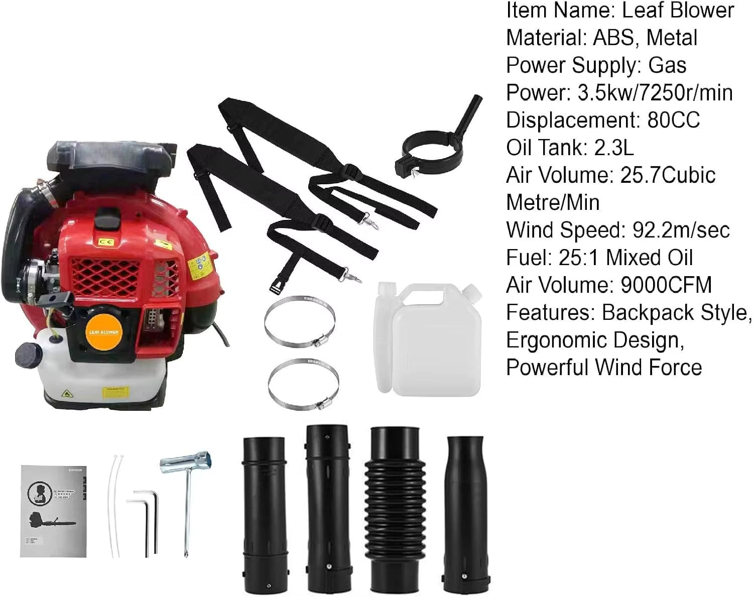 Leaf Blower, Backpack Leaf Blower Gas Powered 2-Stroke Engine 900 CFM 2.3L Tank Leaf Blower 80CC Snow Blower Handheld