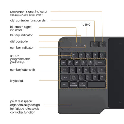 Inspiroy Keydial KD200 Tablet Battery-Free Pen Wireless Graphics Digital Drawing Tablet with Keyboard Mesa Digitalizadora