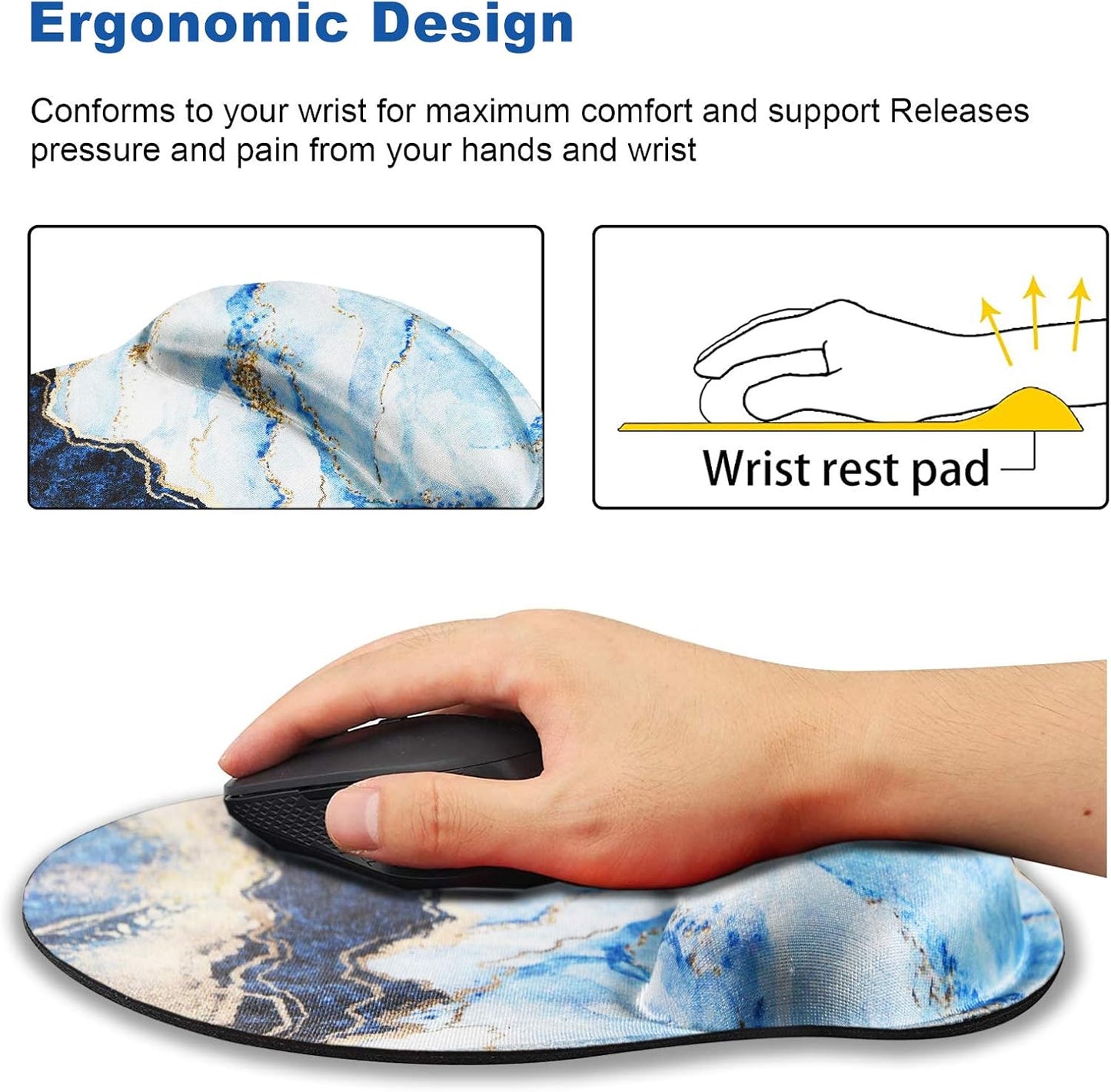 Ergonomic Mouse Pad with Wrist Rest Support Gel, Non Slip Rubber Base Pad Computer PC Laptop Women Men Mousepad for Home, Office, Gaming, Working Easy Typing, Pain Relief, Blue Marble