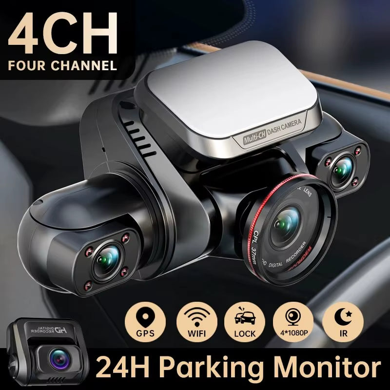 360 GPS Dash Cam 4CH HD 4*1080P for Car DVR Supported 24H Parking Monitor Video Recorder Night Vision WIFI 128GB (M8S)