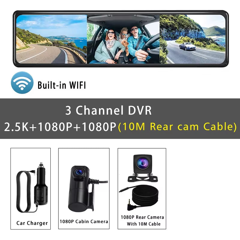 11.26“ 2.5K+1080P+1080P 3 Channel Car DVR Lens Wifi GPS Dash Cam Interior Camera Dashcam Stream Rearview Mirror Drive Recorder