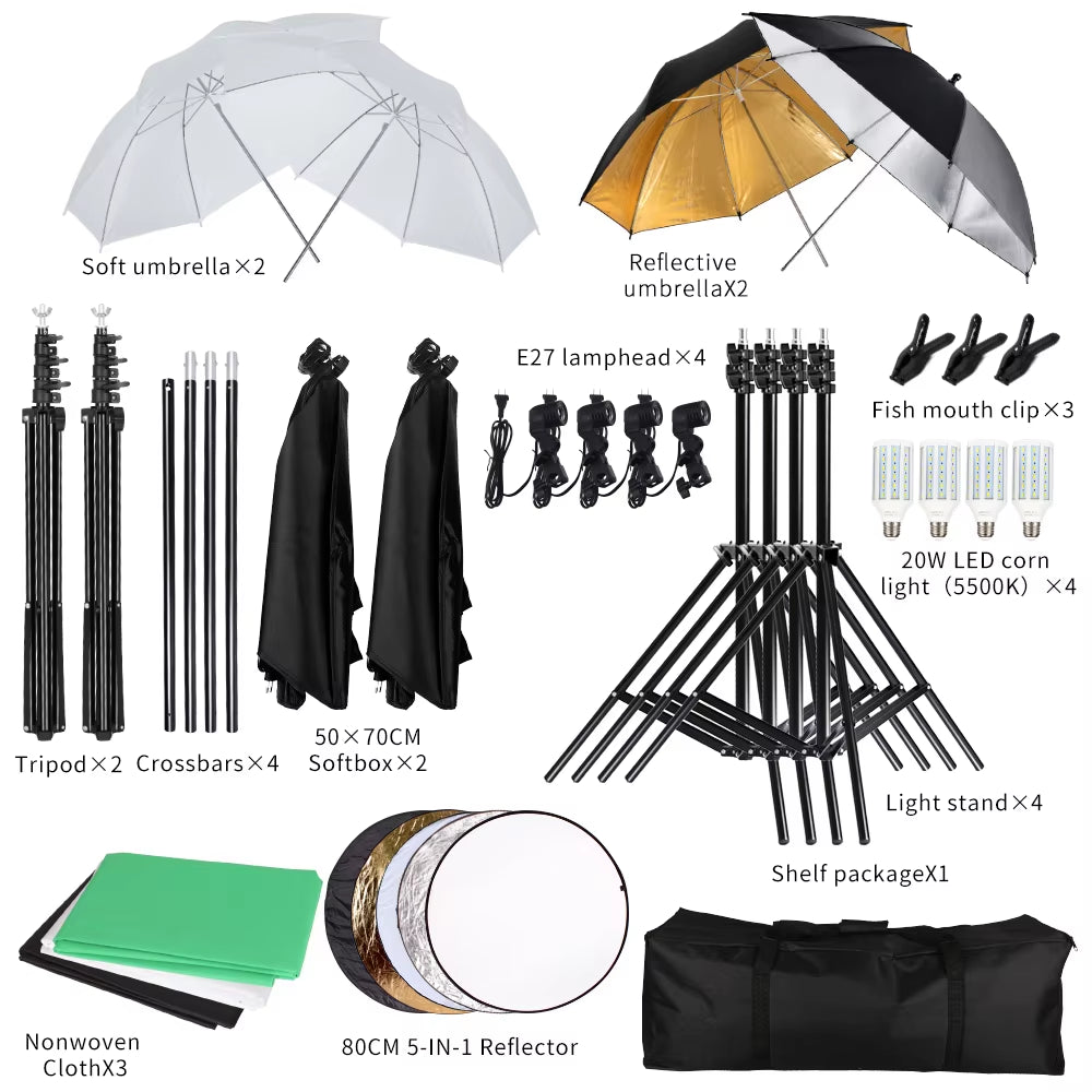 Photography Photo Studio Softbox Lighting Kit with 2.6X3M Background Frame 3Pcs Backdrops Tripod Stand Reflector Board Umbrella