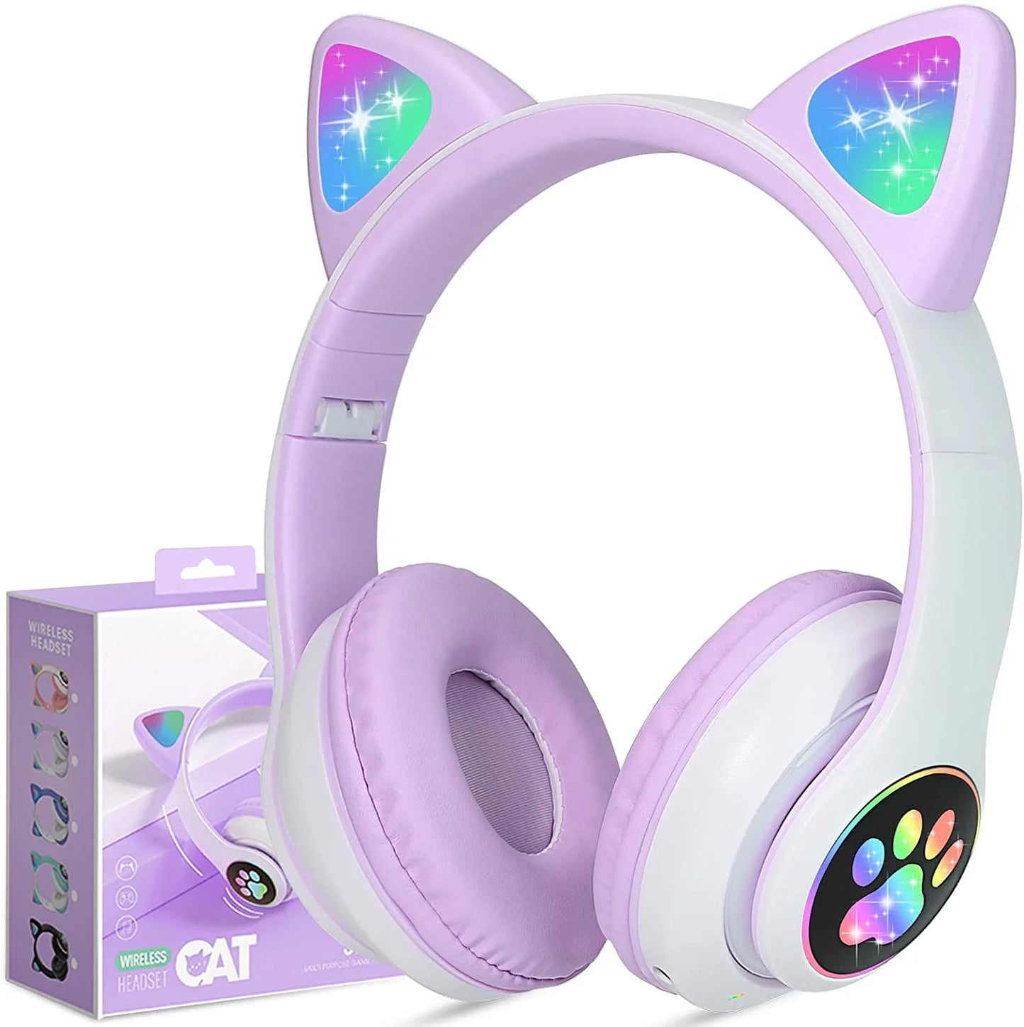 Kids Headphones,  Cat Ear Wireless Headphones, LED Light up Kids Bluetooth Headphones over on Ear Black