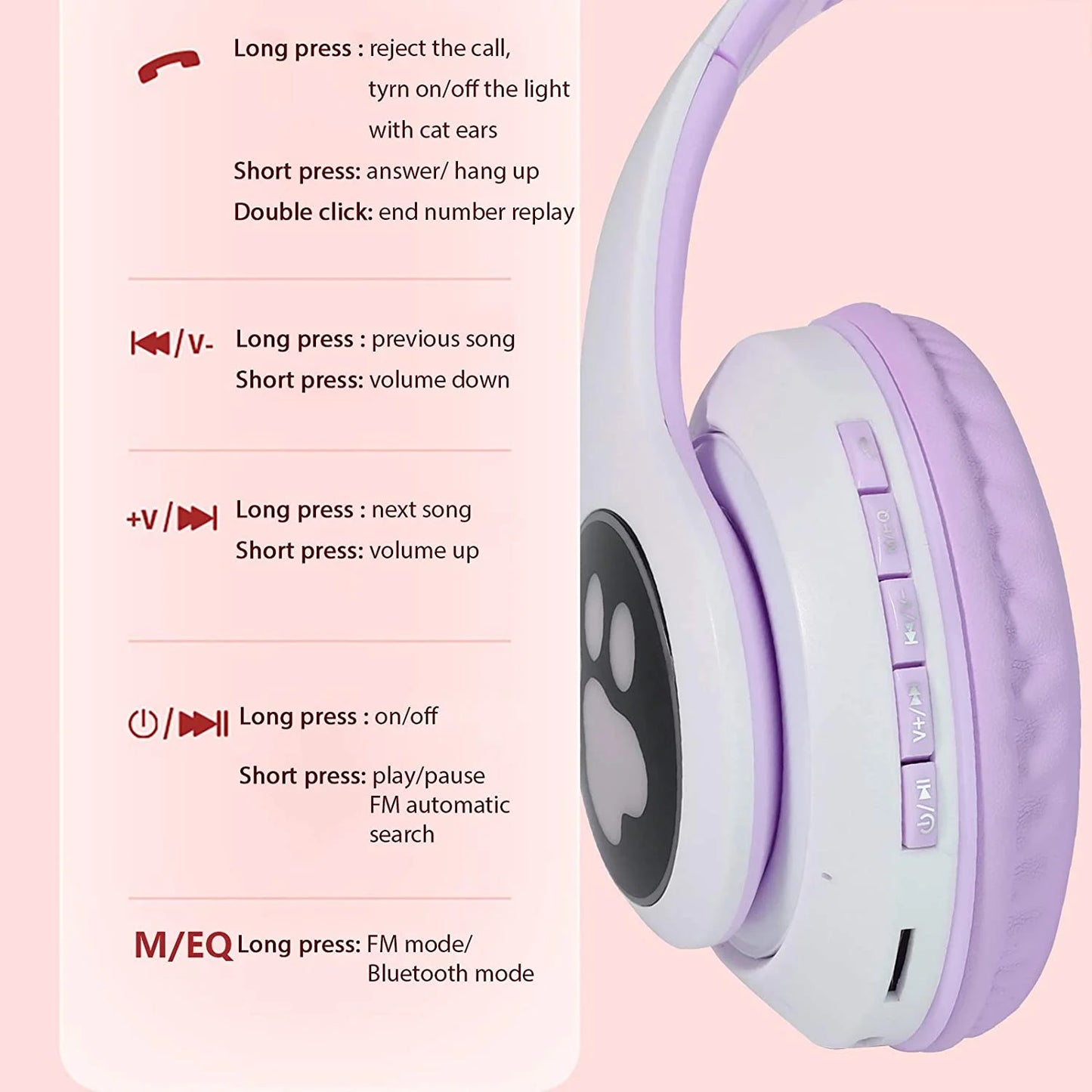 Kids Headphones,  Cat Ear Wireless Headphones, LED Light up Kids Bluetooth Headphones over on Ear Black