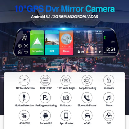 4G Car Dvr 10 Inch Mirror Dash Cam Android 8.1 GPS Navigation Car Camera Auto Recorder ADAS Support 1080P Rear Camera