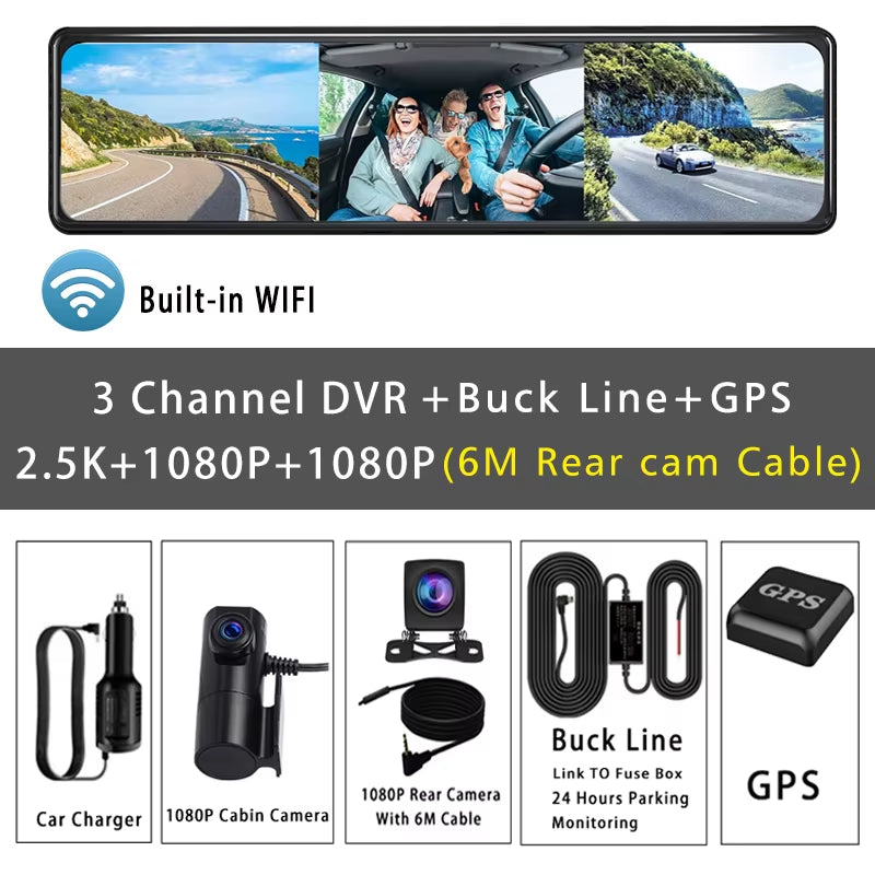 11.26“ 2.5K+1080P+1080P 3 Channel Car DVR Lens Wifi GPS Dash Cam Interior Camera Dashcam Stream Rearview Mirror Drive Recorder