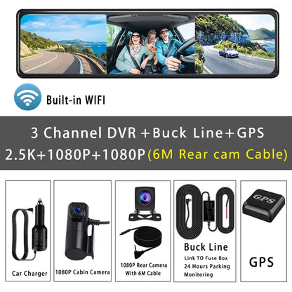 11.26“ 2.5K+1080P+1080P 3 Channel Car DVR Lens Wifi GPS Dash Cam Interior Camera Dashcam Stream Rearview Mirror Drive Recorder