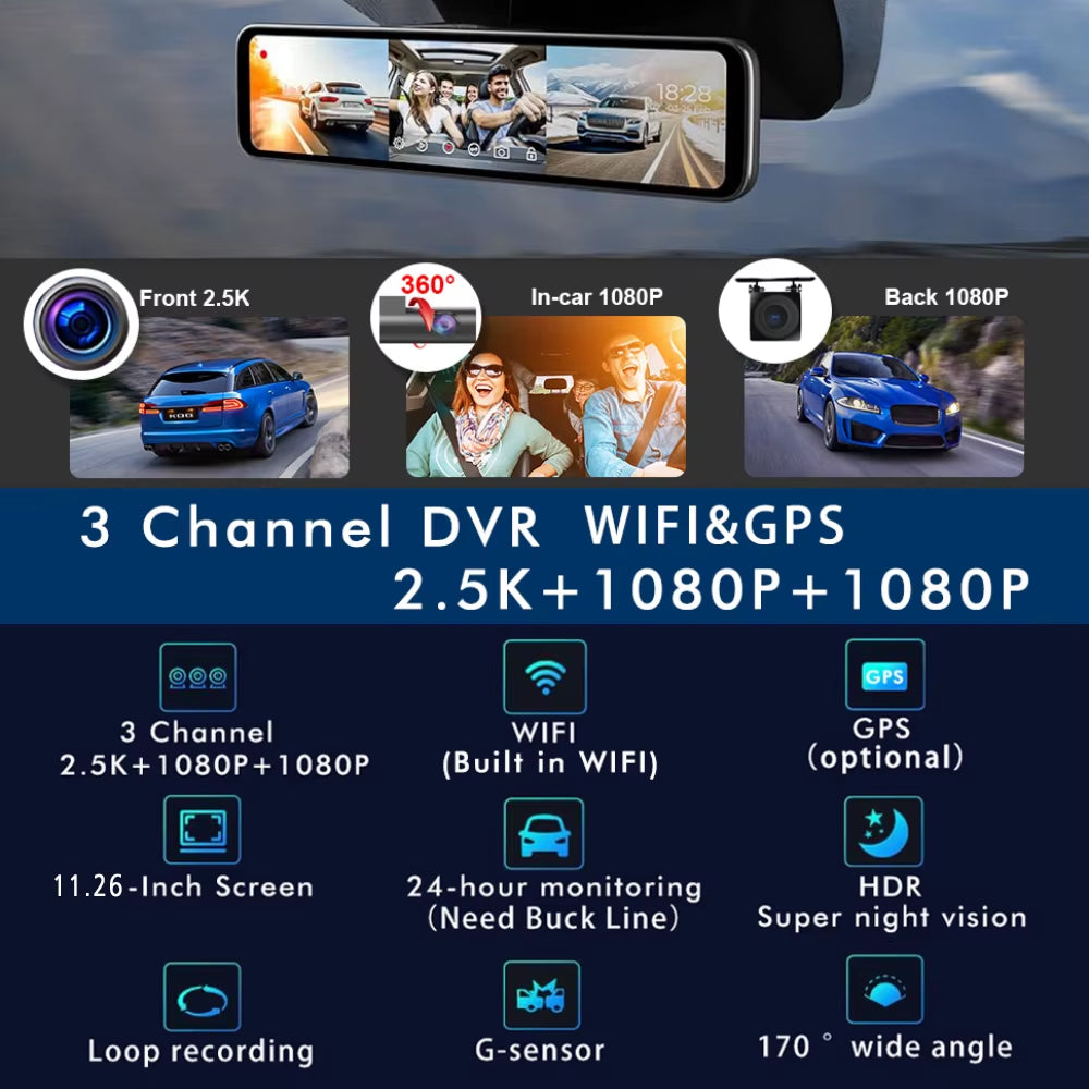 11.26“ 2.5K+1080P+1080P 3 Channel Car DVR Lens Wifi GPS Dash Cam Interior Camera Dashcam Stream Rearview Mirror Drive Recorder