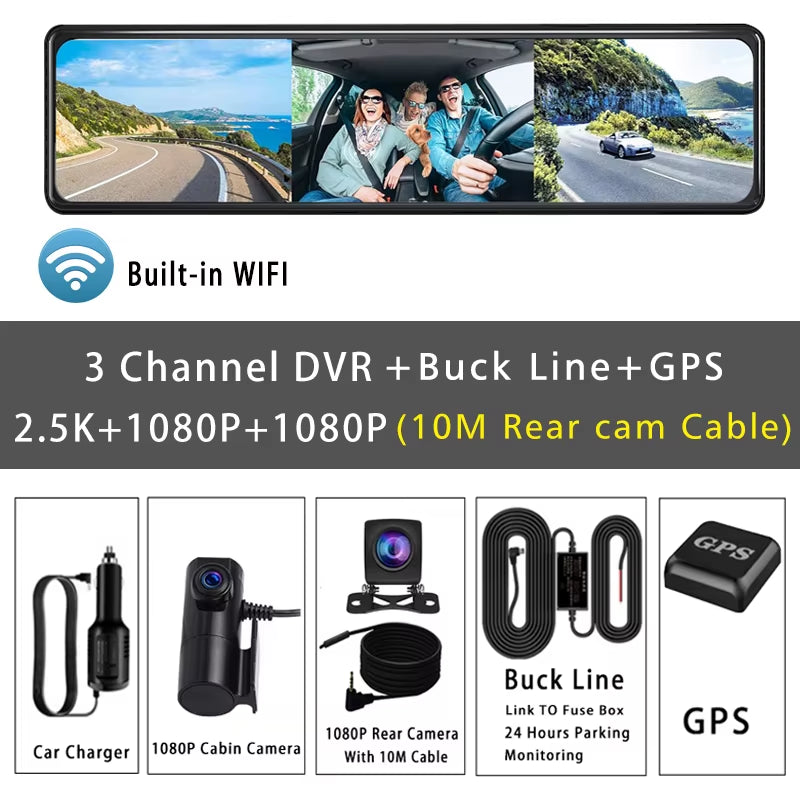 11.26“ 2.5K+1080P+1080P 3 Channel Car DVR Lens Wifi GPS Dash Cam Interior Camera Dashcam Stream Rearview Mirror Drive Recorder