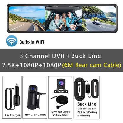 11.26“ 2.5K+1080P+1080P 3 Channel Car DVR Lens Wifi GPS Dash Cam Interior Camera Dashcam Stream Rearview Mirror Drive Recorder